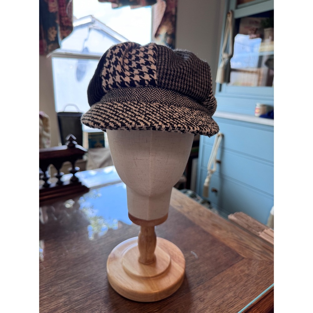 Cappelli Straworld Newsboy Cap Black White Houndstooth Patchwork Baker Boy Hat